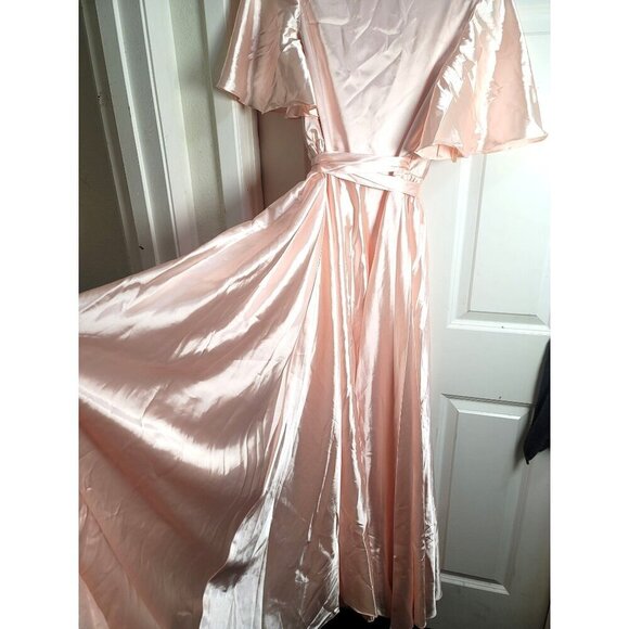 Hebeos  Inspired Light Pink Satin Maxi Wrap Dress With Flutter Sleeves & Waist T - Picture 4 of 13